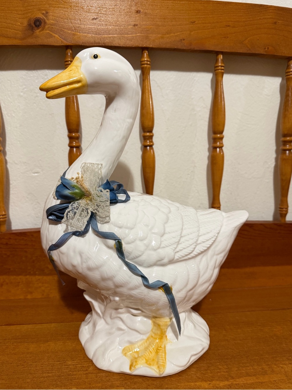 Vintage Large Ceramic Goose Figurine Blue Ribbon 12” Cottagecore Country Decor